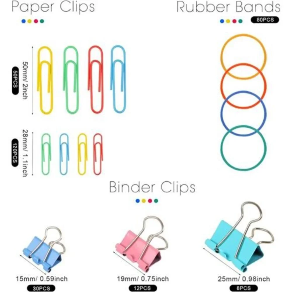 300‎ Pcs Paper Clips, Binder Clips and Rubber Bands, Office Supply Set